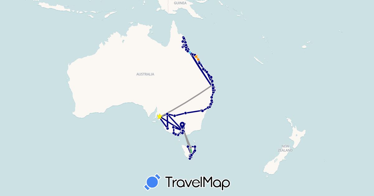TravelMap itinerary: driving, bus, plane, train, boat, hitchhiking in Australia (Oceania)