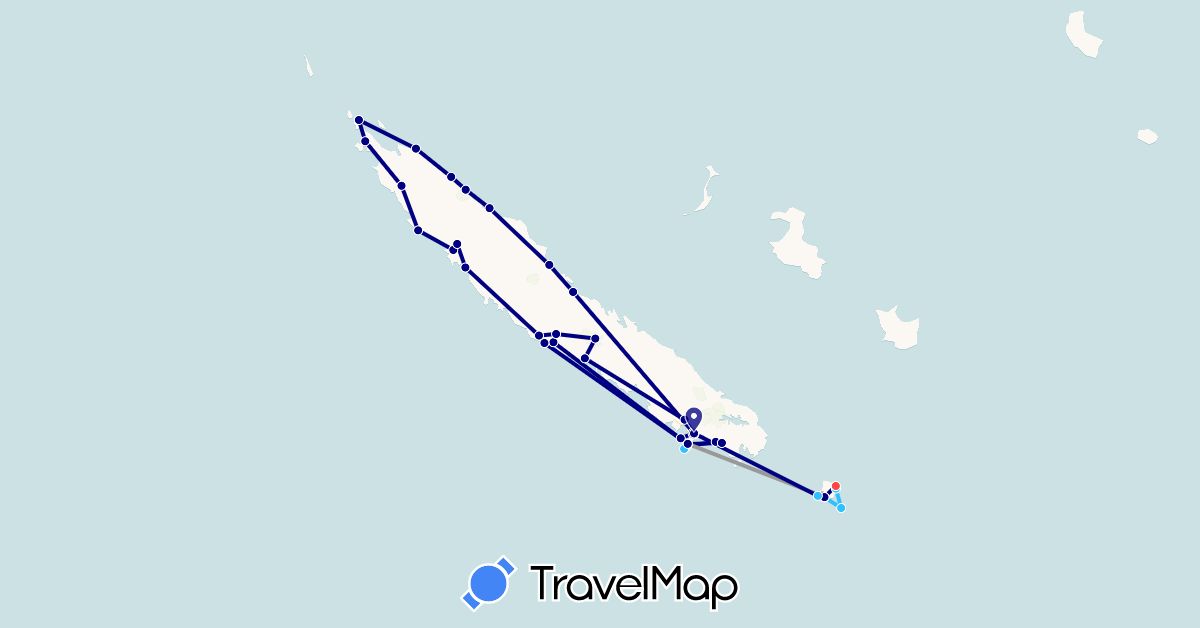 TravelMap itinerary: driving, plane, hiking, boat in New Caledonia (Oceania)