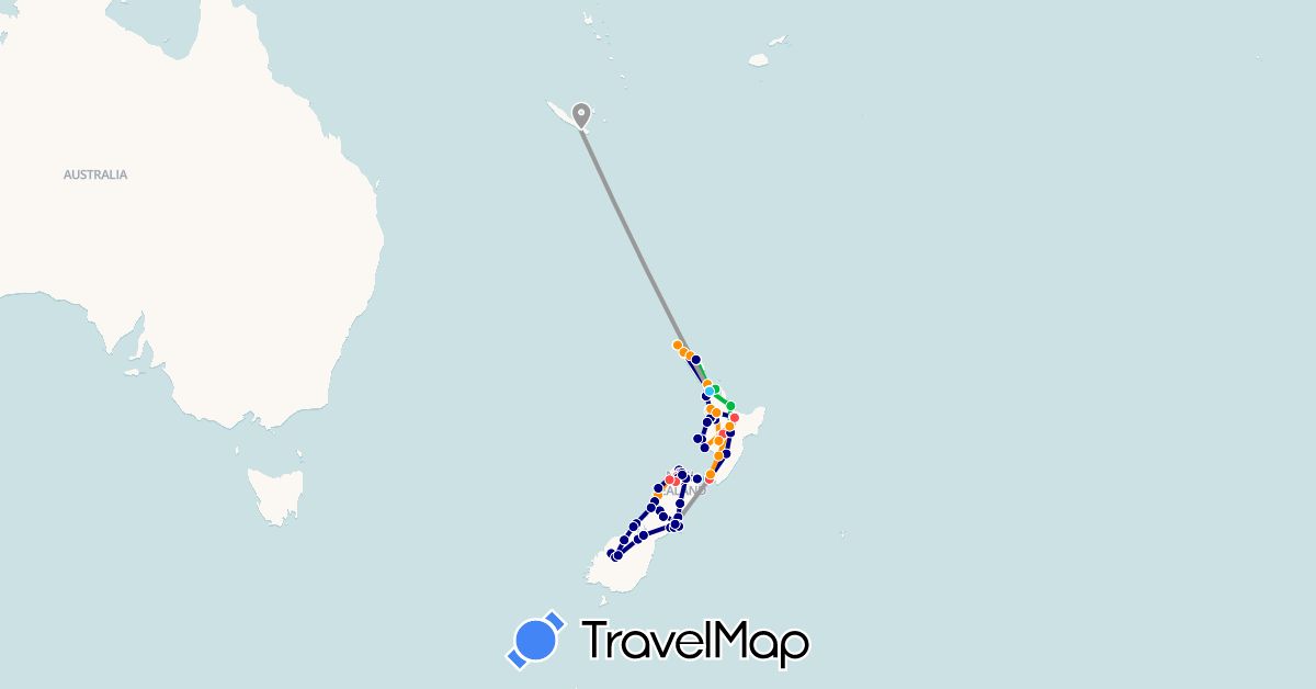 TravelMap itinerary: driving, bus, plane, hiking, boat, hitchhiking in New Caledonia, New Zealand (Oceania)